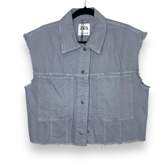 Zara Grey Womens Cropped Wash Denim Vest Size Medium - Picture 1 of 9